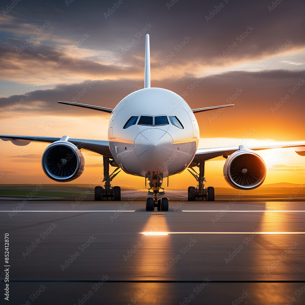 Evening Flight: Commercial Airplane Ready for Takeoff at Sunset Evening Flight: Commercial Airplane Ready for Takeoff at Sunset