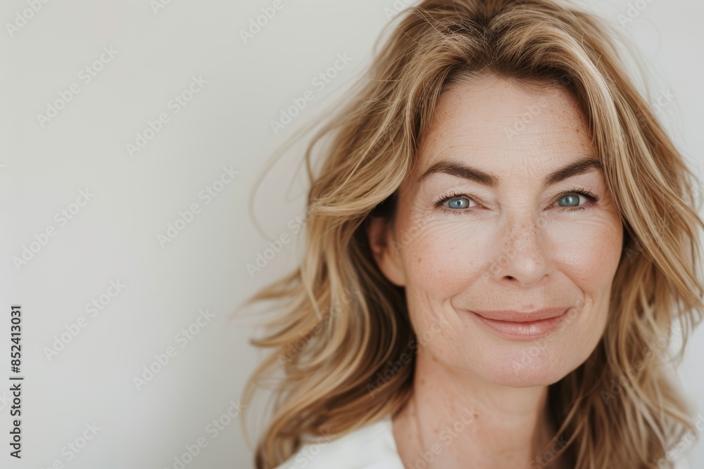 A woman with long blonde wavy hair smiles for the camera in this close-up portrait A woman with long blonde wavy hair smiles for the camera in this close-up portrait