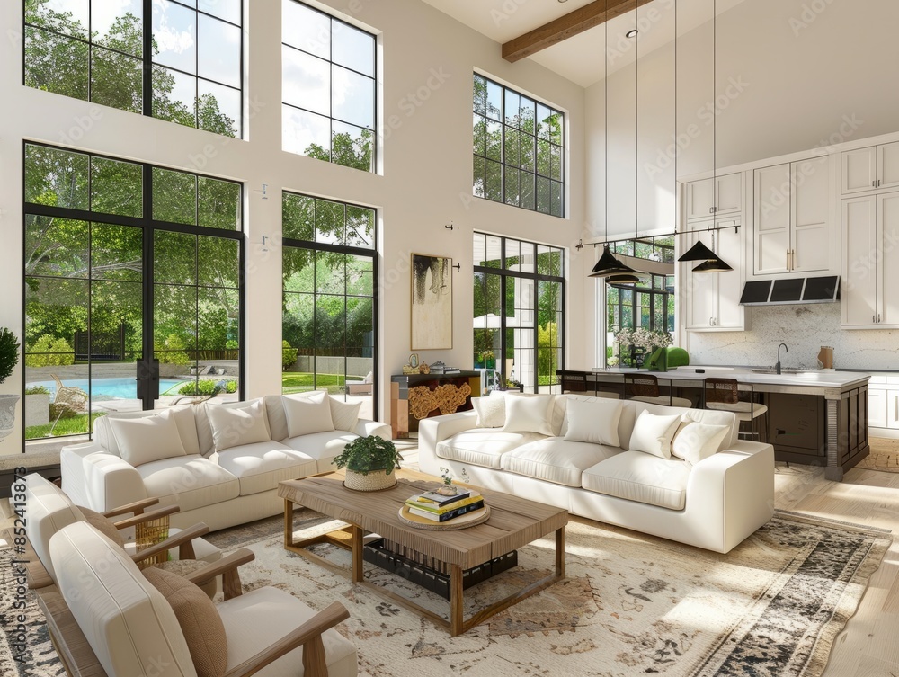 Beautiful living room interior in new luxury home with open concept floor plan. Shows kitchen, dining room, and wall of windows with amazing exterior, Generative AI Beautiful living room interior in new luxury home with open concept floor plan. Shows kitchen, dining room, and wall of windows with amazing exterior, Generative AI