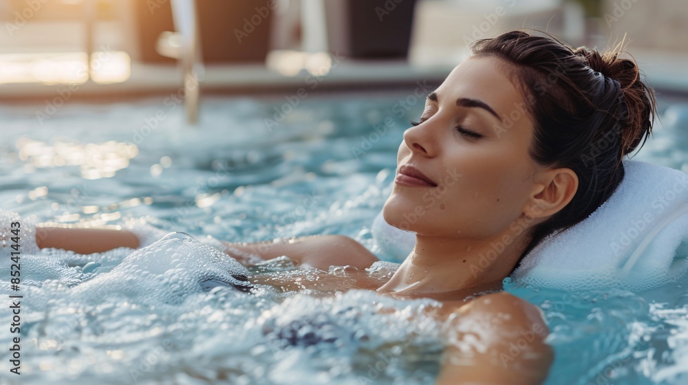 A woman is floating in a pool with her head above the water A woman is floating in a pool with her head above the water