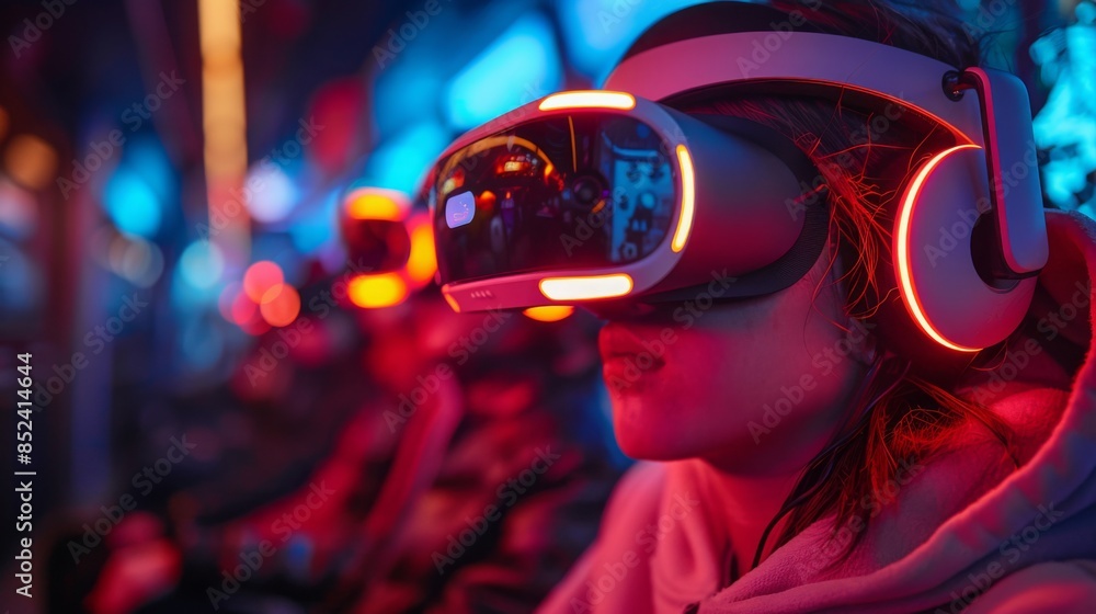 People Playing VR Games at Night in a High-Tech Room. Immersive Virtual Reality Experience with Futuristic and Cool Atmosphere, Highlighting Cutting-Edge Technology and Excitement. People Playing VR Games at Night in a High-Tech Room. Immersive Virtual Reality Experience with Futuristic and Cool Atmosphere, Highlighting Cutting-Edge Technology and Excitement.