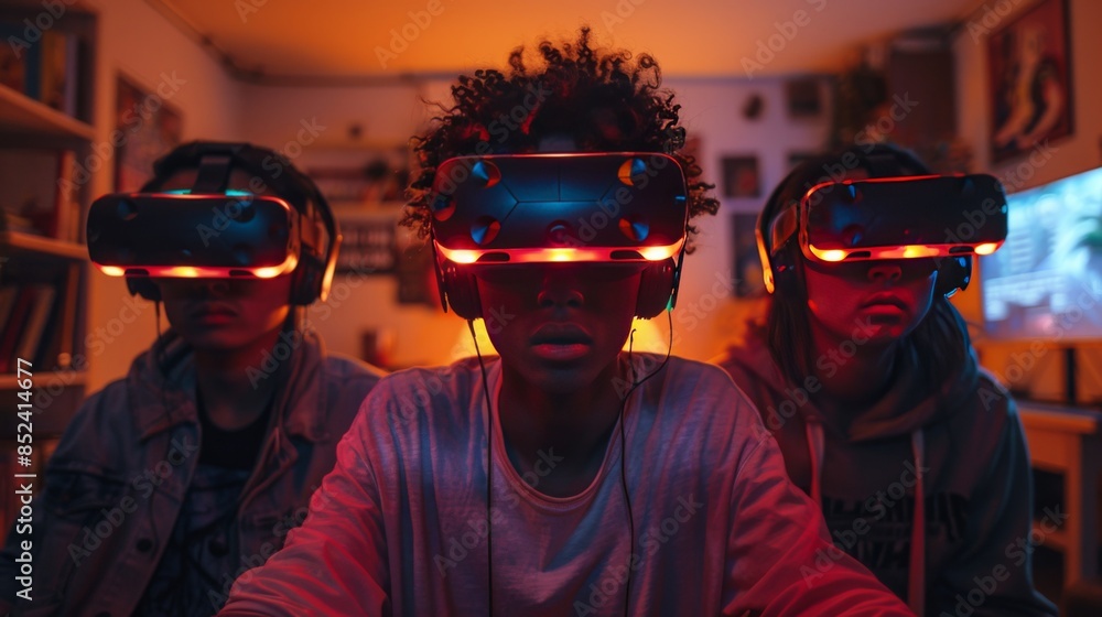 People Playing VR Games at Night in a High-Tech Room. Immersive Virtual Reality Experience with Futuristic and Cool Atmosphere, Highlighting Cutting-Edge Technology and Excitement. People Playing VR Games at Night in a High-Tech Room. Immersive Virtual Reality Experience with Futuristic and Cool Atmosphere, Highlighting Cutting-Edge Technology and Excitement.