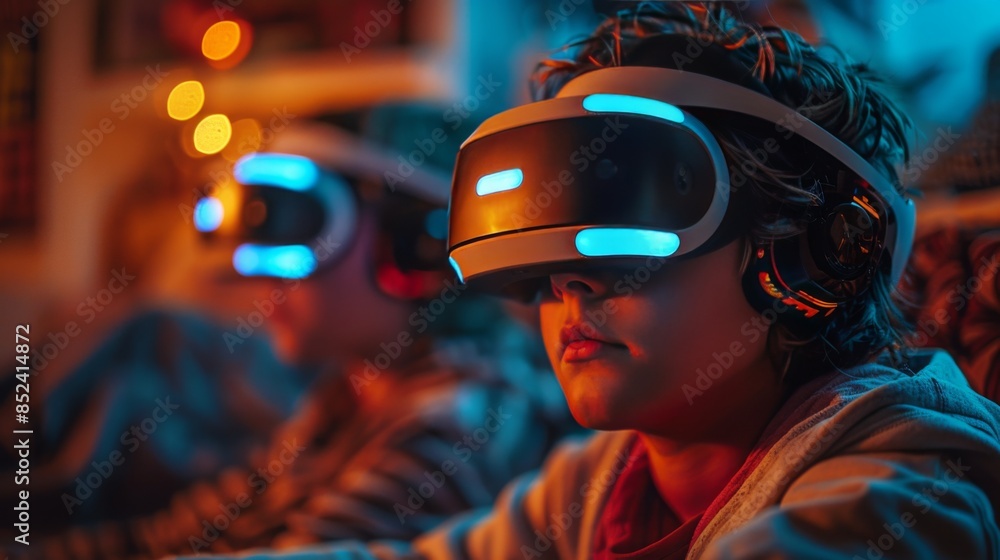 People Playing VR Games at Night in a High-Tech Room. Immersive Virtual Reality Experience with Futuristic and Cool Atmosphere, Highlighting Cutting-Edge Technology and Excitement. People Playing VR Games at Night in a High-Tech Room. Immersive Virtual Reality Experience with Futuristic and Cool Atmosphere, Highlighting Cutting-Edge Technology and Excitement.