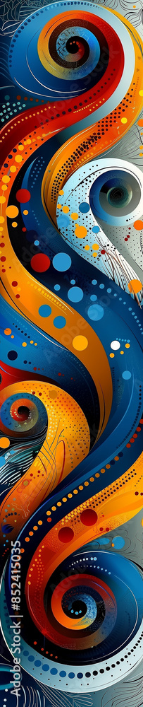 Obraz premium A colorful abstract painting with a spiral design. The colors are blue, red, and yellow. The painting has a lot of dots and swirls, giving it a dynamic and energetic feel