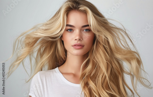 Portrait of a young woman with flowing blonde hair and natural beauty