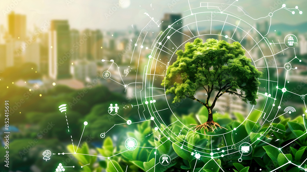 Green City Illustration with Abstract Network Design and Tree Green City Illustration with Abstract Network Design and Tree
