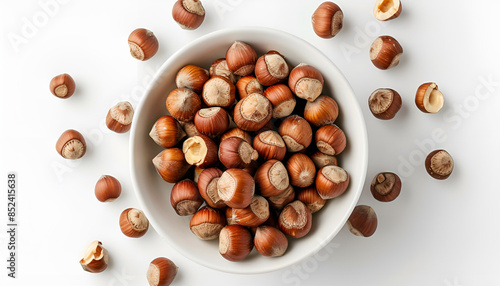 white bowl with raw hazelnut kernels on a white background. Bowl with tasty organic hazelnuts on white background