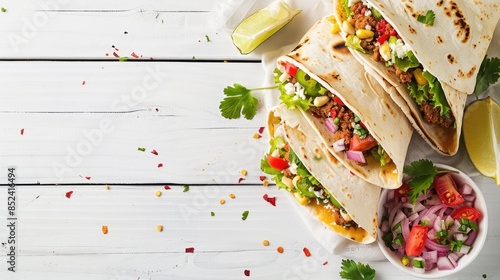 Classic Mexican Cuisine Burrito presented on vintage white wooden tabletop