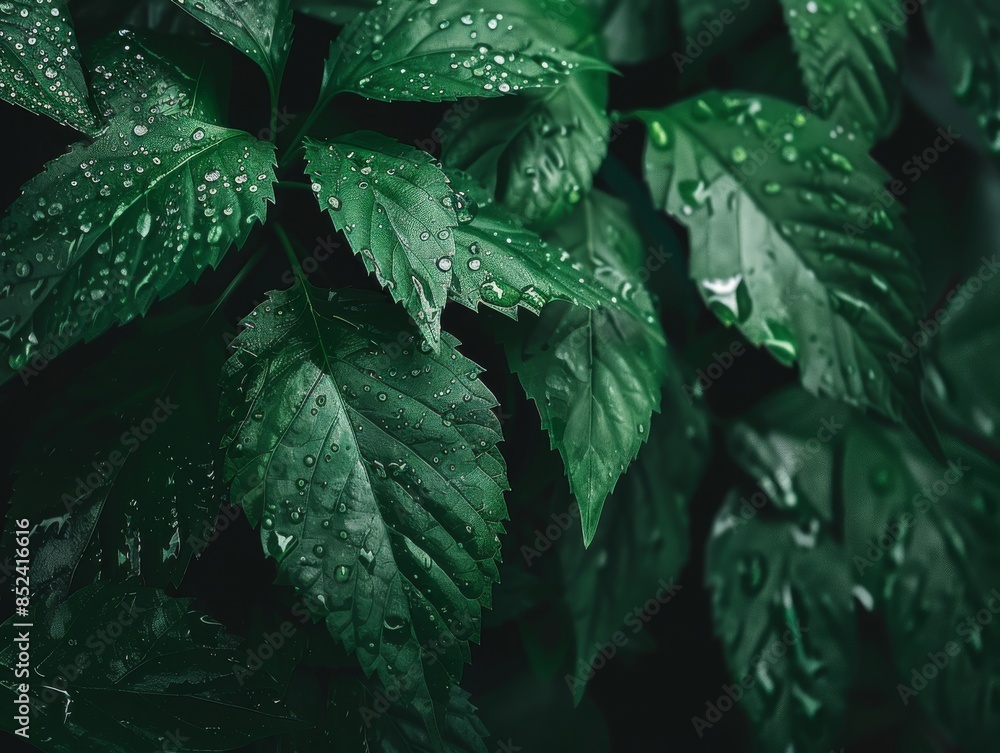 Medium shot of Closeup of water droplets on a green leaf, macro photography. Medium shot of Closeup of water droplets on a green leaf, macro photography.