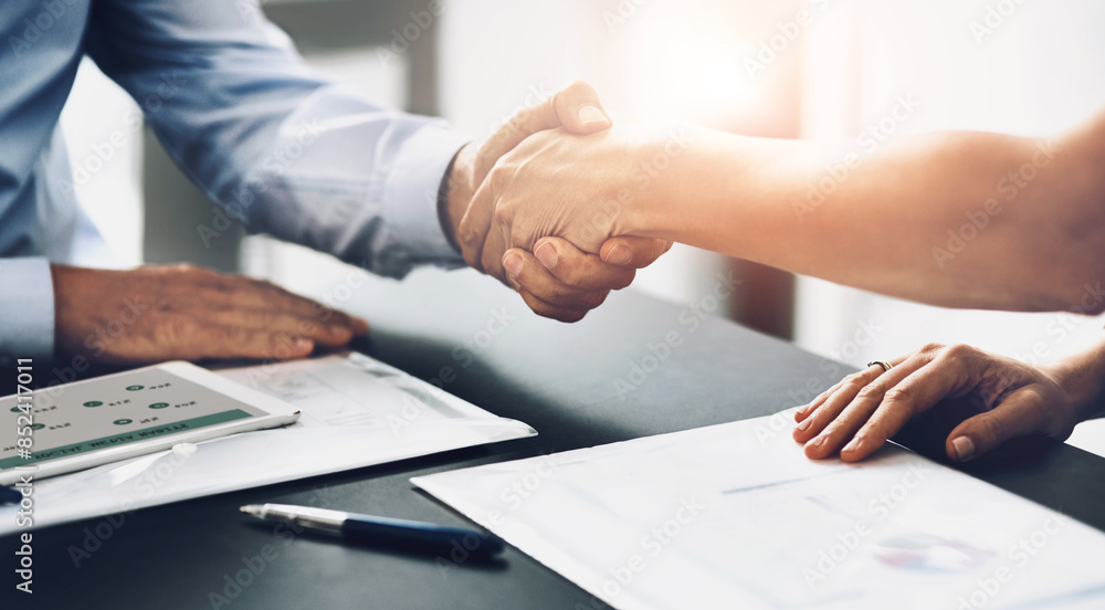 Obraz premium Business people, handshake and meeting in agreement with contract, greeting and partnership. Thank you, collaboration and document, support for B2B and introduction and deal for recruitment at work