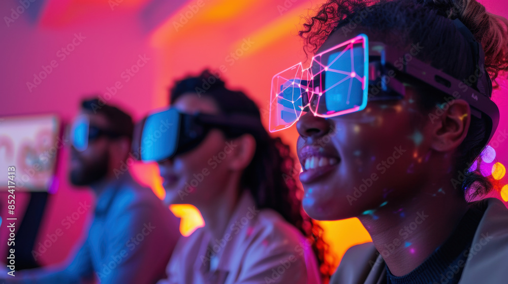 Three people are wearing virtual reality goggles and smiling Three people are wearing virtual reality goggles and smiling