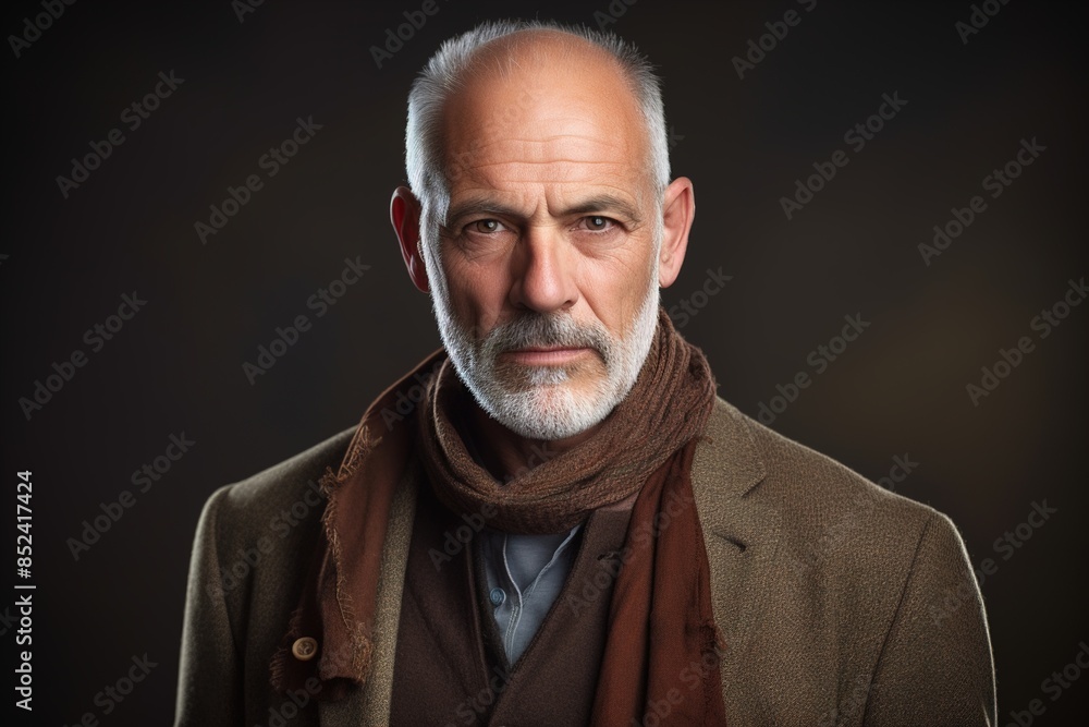 A man with a beard and gray hair is wearing a brown scarf and a brown jacket A man with a beard and gray hair is wearing a brown scarf and a brown jacket