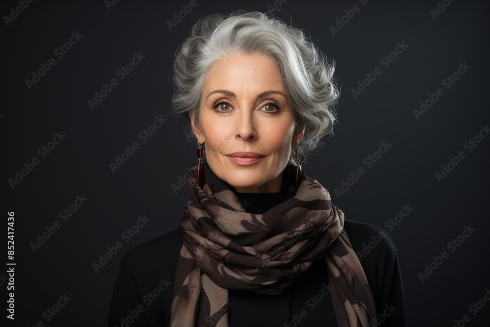 A woman with gray hair and a scarf around her neck A woman with gray hair and a scarf around her neck
