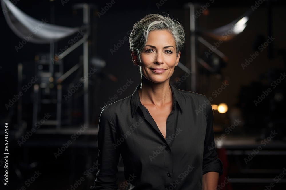 A woman in a black shirt and black pants is smiling for the camera A woman in a black shirt and black pants is smiling for the camera