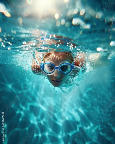 A child swims underwater in a pool on a sunny day, wearing goggles and enjoying the refreshing blue water. Ideal for summer and recreation themes.