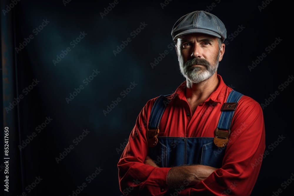 Obraz premium A man in a red shirt and blue overalls is standing in front of a dark background