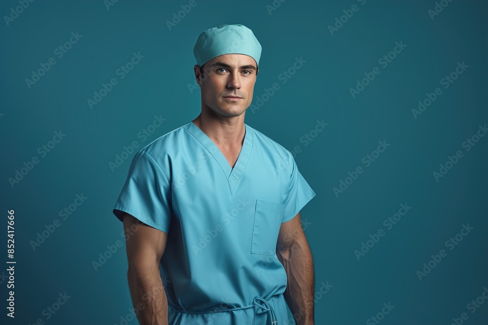 A man in a blue scrubs shirt and a green hat stands in front of a blue wall