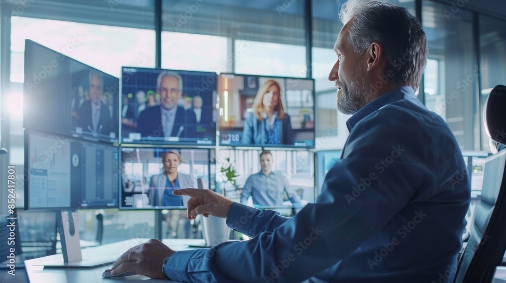 Office People Using Hologram in Modern Workplace Surrounded by Multiple Screens Showing European Business Colleagues in Video Conference, Daytime Office Environment with Futurist Office People Using Hologram in Modern Workplace Surrounded by Multiple Screens Showing European Business Colleagues in Video Conference, Daytime Office Environment with Futurist