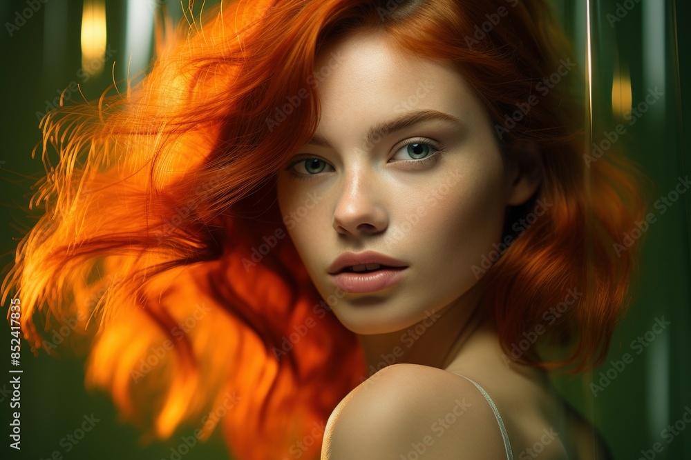 A woman with red hair and a green background A woman with red hair and a green background