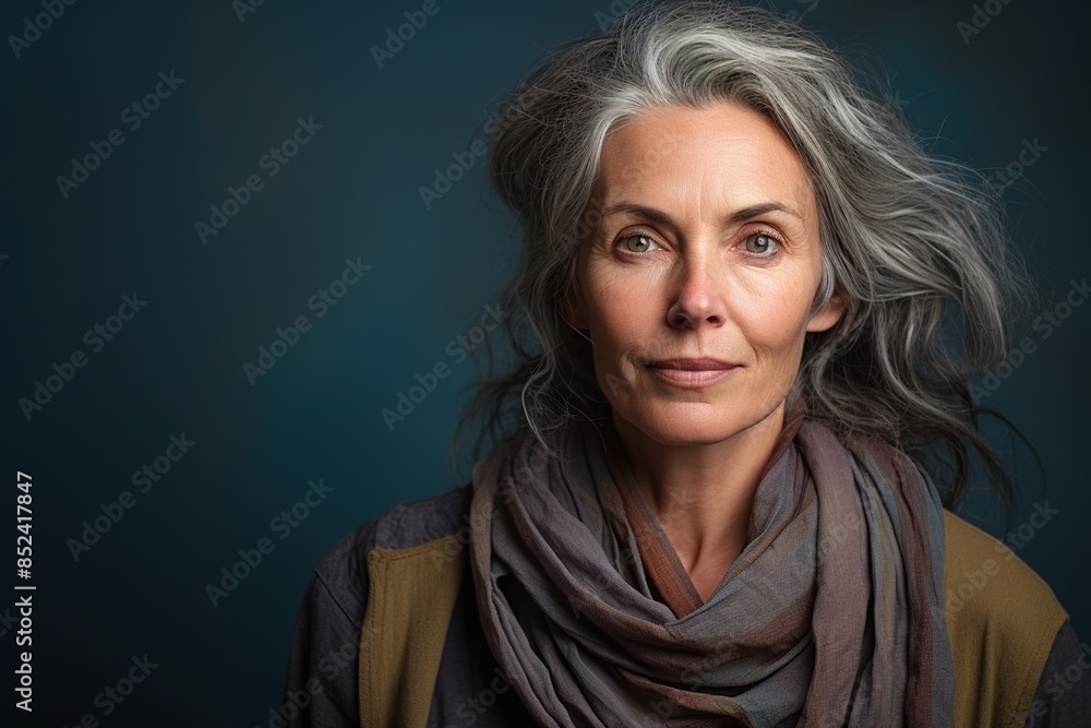A woman with gray hair is wearing a scarf and smiling A woman with gray hair is wearing a scarf and smiling