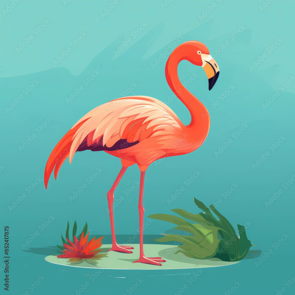 Fototapeta premium Elegant Flamingo Illustration Standing Gracefully in a Calm Blue Pond with Lush Greenery