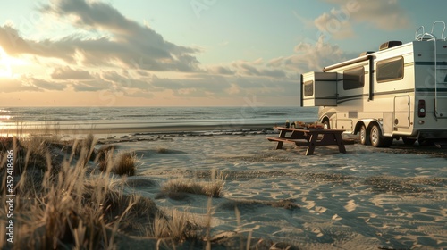 Camping caravans and cars parked on a grassy campground under beautiful sunset
