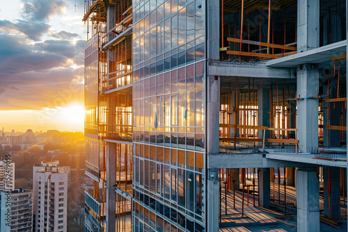 Sleek Modern Building Under Construction with Glass Fa?ade and Sunset Reflection photo