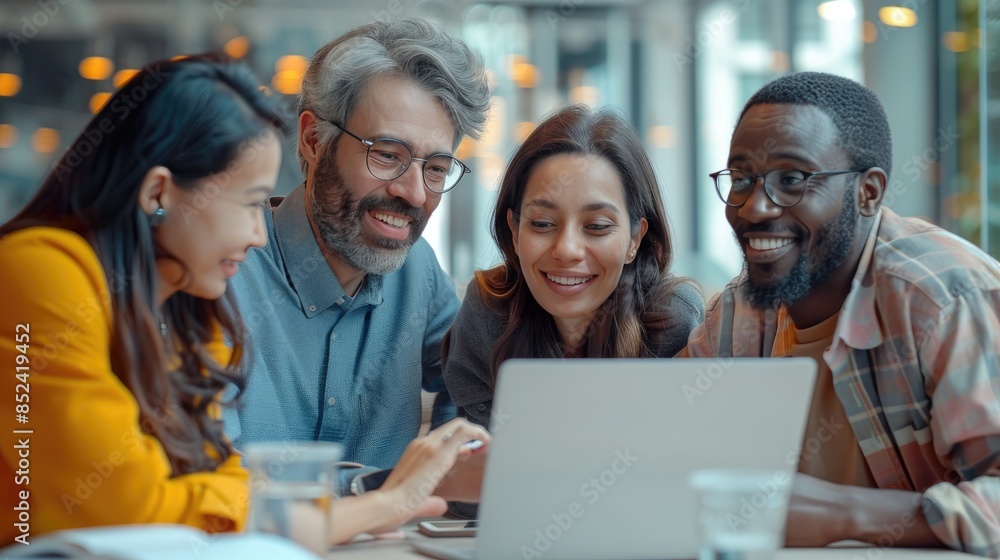 A diverse group of people collaborating cheerfully around a laptop in a modern office setting, working together on a project. A diverse group of people collaborating cheerfully around a laptop in a modern office setting, working together on a project.
