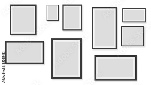 Photo frame. Vector isolated picture frame mockup with shadow on transparent background. Poster frame mockup. Digital snapshot image. Template or mockup for design. Vector illustration