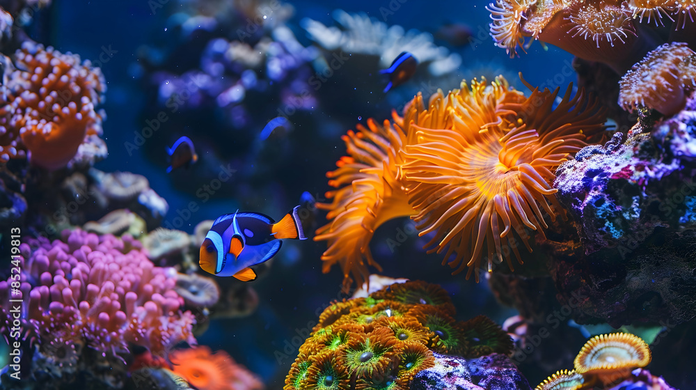 Fototapeta premium Vibrant Coral Reef Illustration with Clownfish