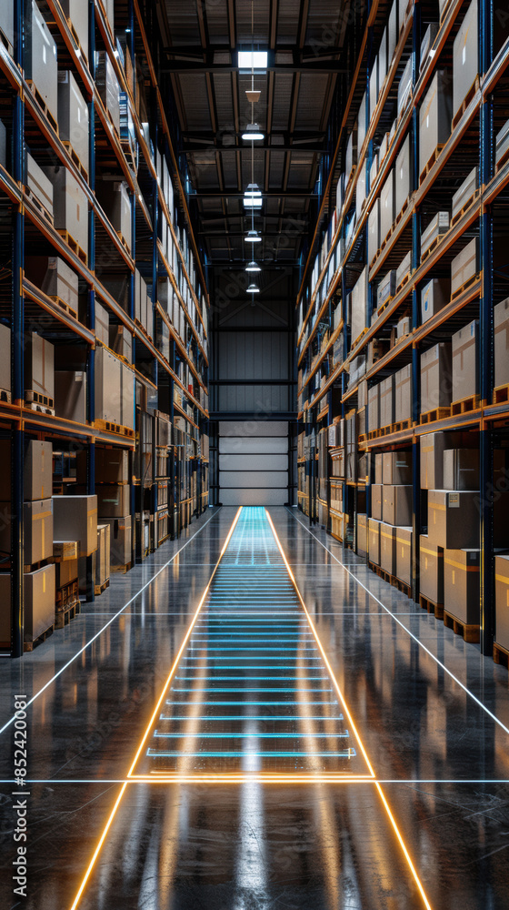 Fototapeta premium Hightech warehouse with automated logistics systems and scientific analysis stations, holographic charts, clean and modern, photorealistic 3D render