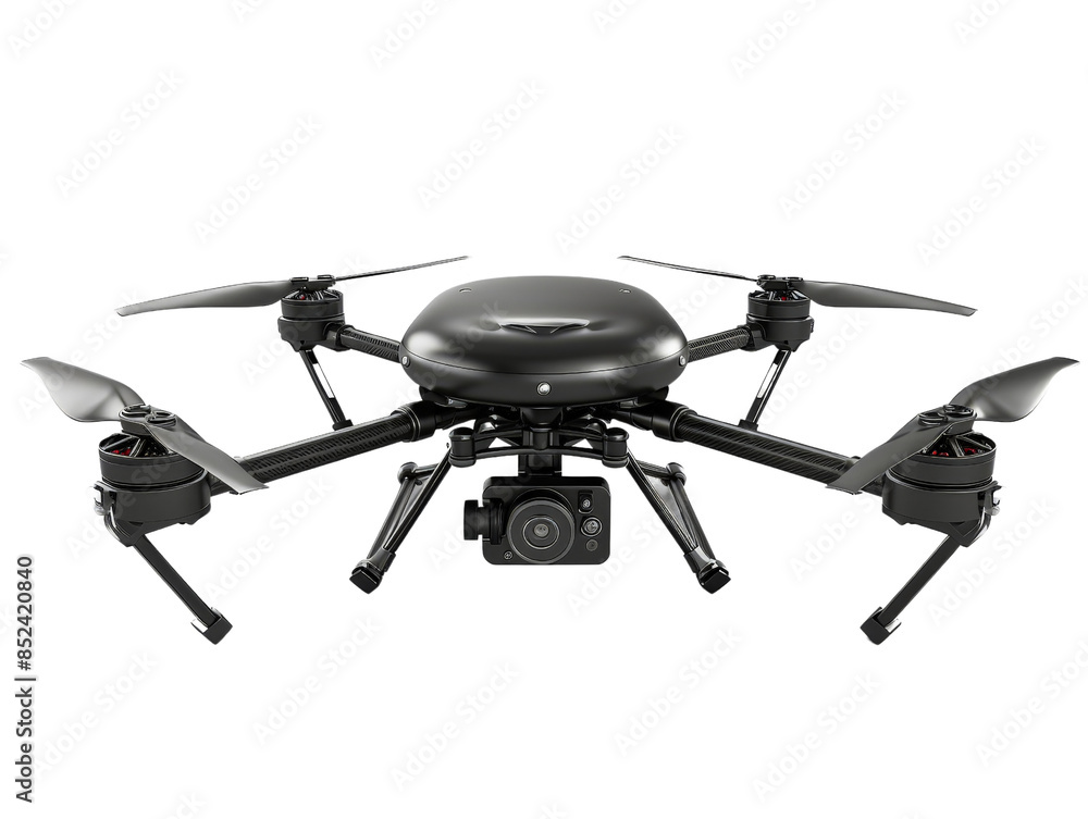 High-tech black quadcopter drone with mounted camera, isolated on white background, perfect for aerial photography and videography enthusiasts. High-tech black quadcopter drone with mounted camera, isolated on white background, perfect for aerial photography and videography enthusiasts.