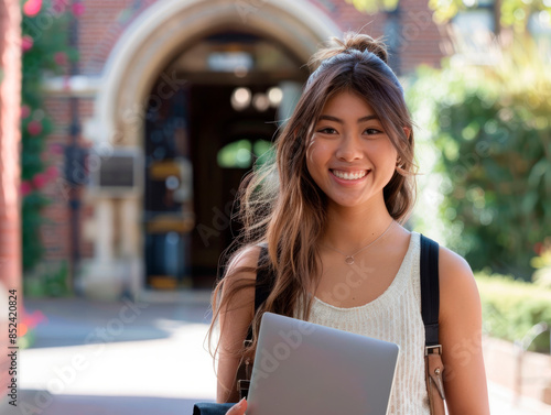 A cheerful Asian university student stands outside with a laptop, exuding positivity and readiness for learning