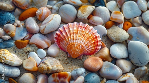 A delicate pink seashell nestled among golden sand and colorful pebbles on a secluded beach.