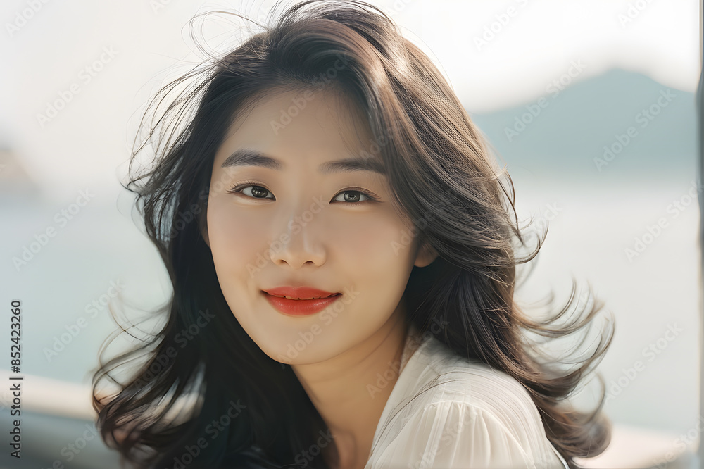 A woman with long hair and a red lipstick is smiling A woman with long hair and a red lipstick is smiling