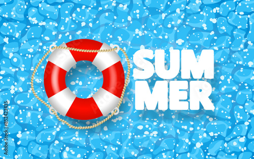 Hello summer poster. Inflatable lifebuoy in swimming pool and text SUMMER