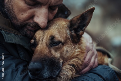 A man is hugging a dog with a brown nose © Ashalina
