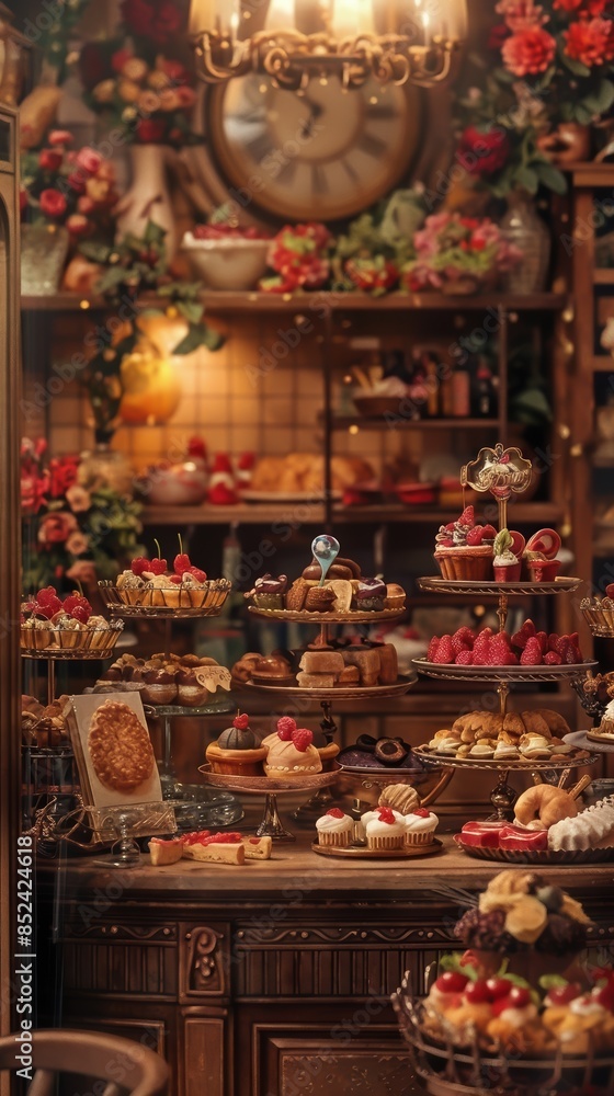 A cozy patisserie filled with a variety of pastries and desserts, decorated with flowers and warm lighting, evoking a charming and inviting atmosphere. A cozy patisserie filled with a variety of pastries and desserts, decorated with flowers and warm lighting, evoking a charming and inviting atmosphere.