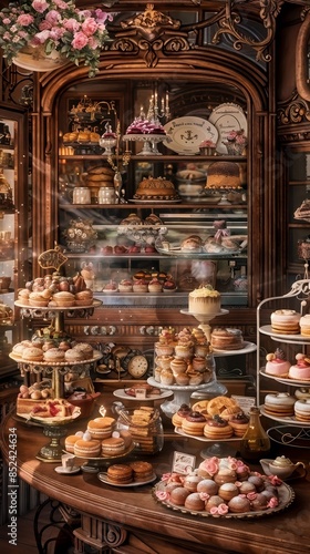 A charming vintage bakery filled with an array of beautifully displayed pastries, cakes, and desserts on elegant stands and shelves. © InnovPixel