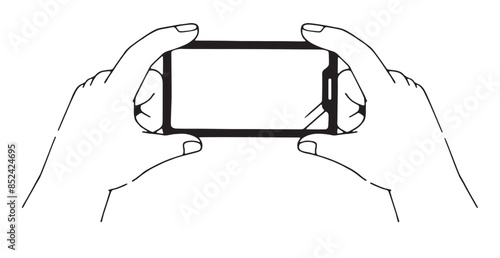 スマートフォンを両手で持つ様子.