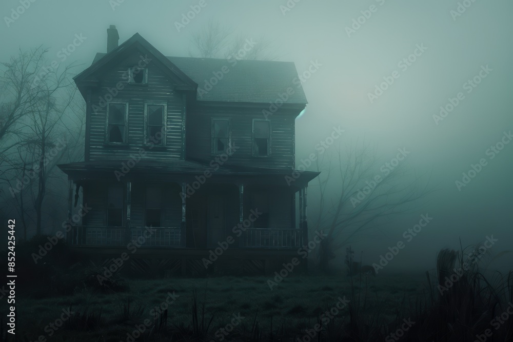 An old, abandoned house stands in a foggy environment, surrounded by eerie, leafless trees. An old, abandoned house stands in a foggy environment, surrounded by eerie, leafless trees.