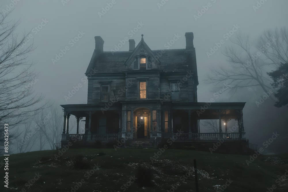 Obraz premium A foggy scene features an ominous, old-fashioned house with a dimly lit porch, surrounded by bare trees, evoking a haunting and eerie atmosphere.