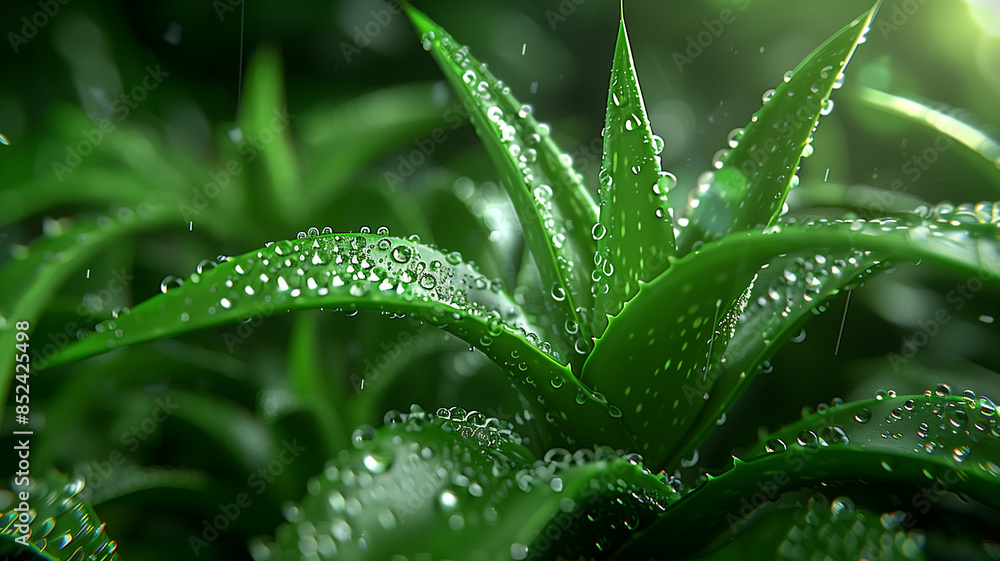A close up of a green plant with droplets of water on it. Concept of freshness and vitality, as the droplets of water add a sense of life and movement to the plant A close up of a green plant with droplets of water on it. Concept of freshness and vitality, as the droplets of water add a sense of life and movement to the plant