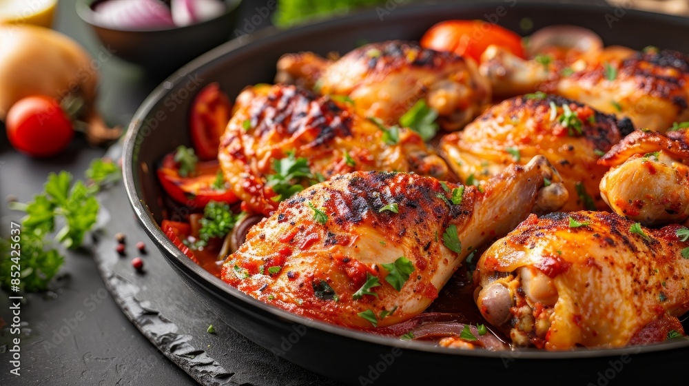 A close-up of homemade baked chicken in a frying pan, topped with spicy onion tomato sauce.
A close-up of homemade baked chicken in a frying pan, topped with spicy onion tomato sauce.