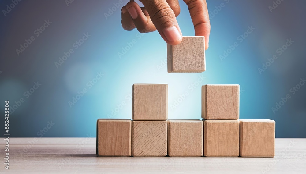 Hand placing wooden blocks in a structured manner against a blue bokeh background, symbolizing business strategy and planning.