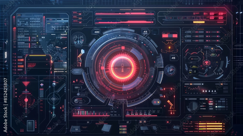Futuristic user interface elements for a high-tech video game screen.
Futuristic user interface elements for a high-tech video game screen.