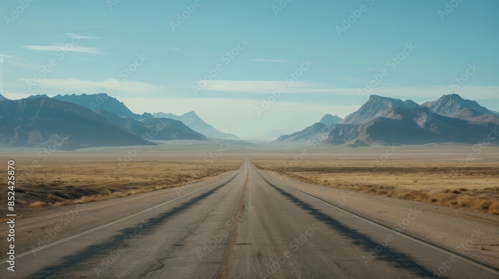 A straight, empty road leads through a vast desert landscape flanked by mountains under a clear blue sky. A straight, empty road leads through a vast desert landscape flanked by mountains under a clear blue sky.