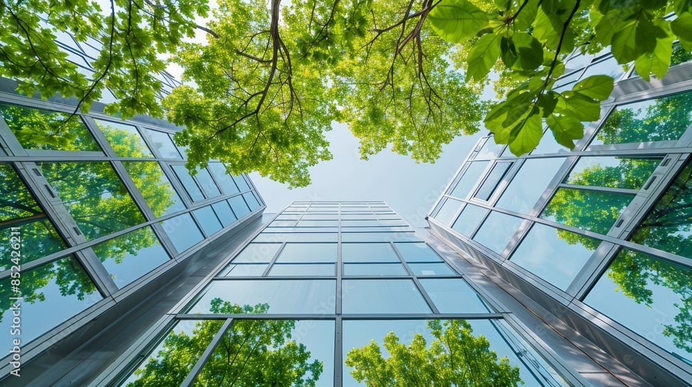 View looking up at a modern glass building with reflections of green trees and blue sky, emphasizing a blend of nature and urban architecture. View looking up at a modern glass building with reflections of green trees and blue sky, emphasizing a blend of nature and urban architecture.