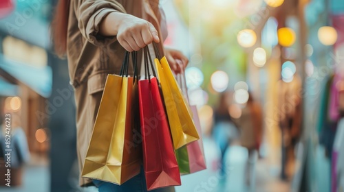 oung woman with shopping bags over mall background