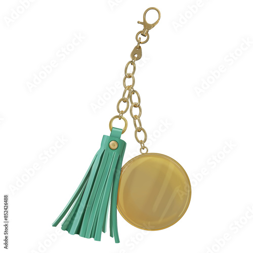 Trinket with metal round medal and leather tassel on chain and carbine. Accessories for bags and wallets. Vector 3d realistic illustration isolated on white background.